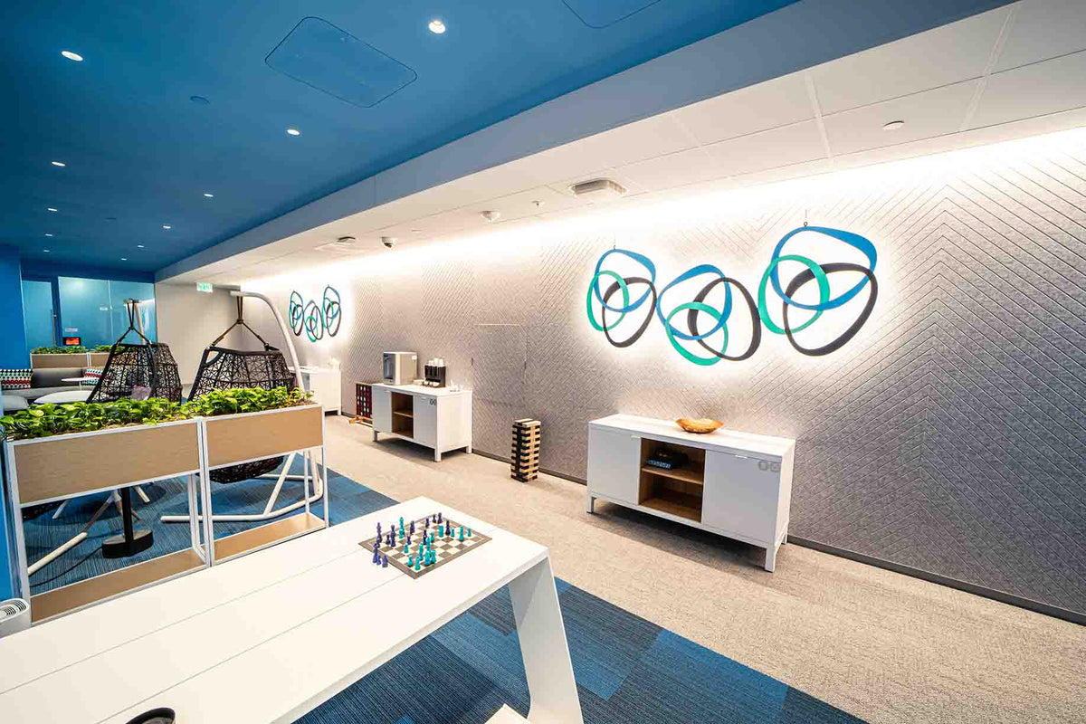 David McCauley’s commissioned suspended sculptures, inspired by the BlueRock logo, hang in the office lounge. Photography by Michael Madden.
