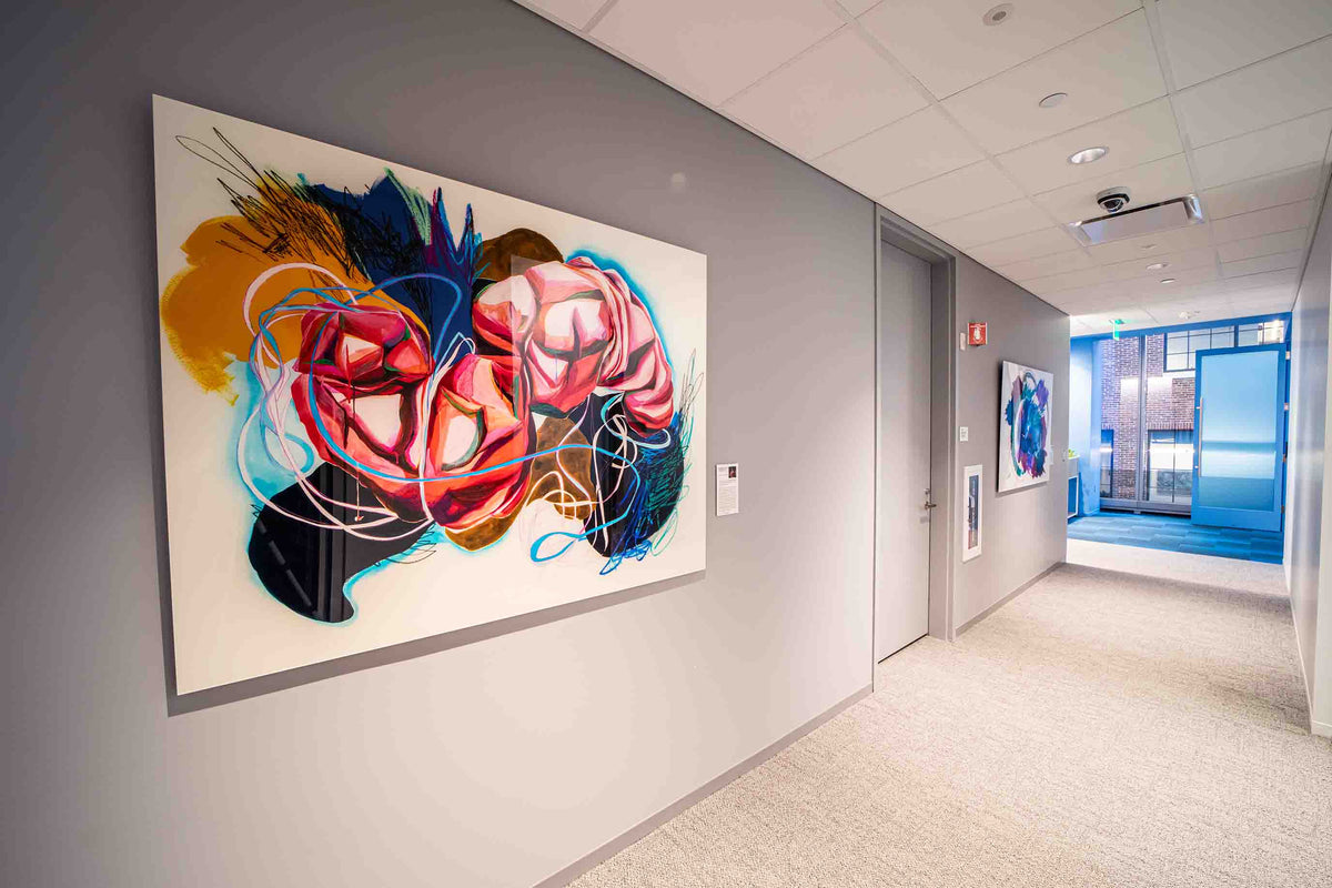 A large print of Madison Elyse Rubenstein’s piece Absence of Certainty hangs on a corridor wall. Photography by Michael Madden.