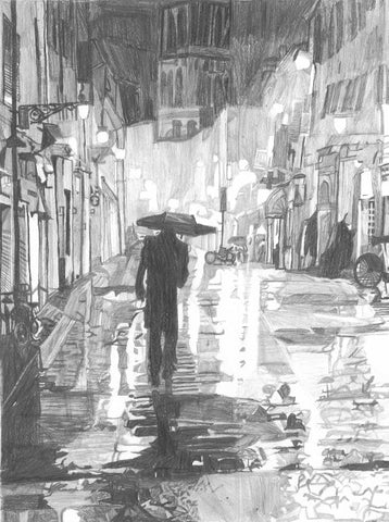 A Man Strolling in Italy on a Rainy Night - ArtLifting
